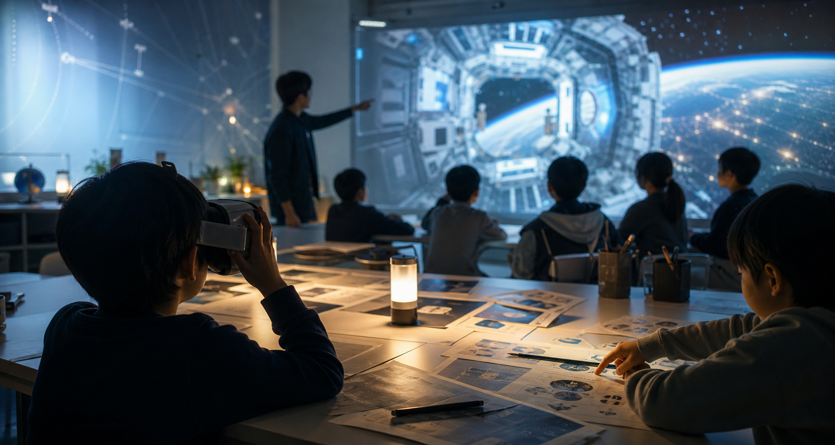 VR、ワークシート、対話を通じた宇宙教育を表す抽象的な編集ビジュアル